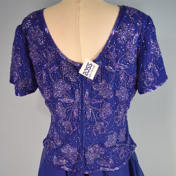 NWT LAWRENCE KAZAR Heavy Beaded Dress M Silk Floral Tiered Overlay Cocktail - Picture 5 of 7